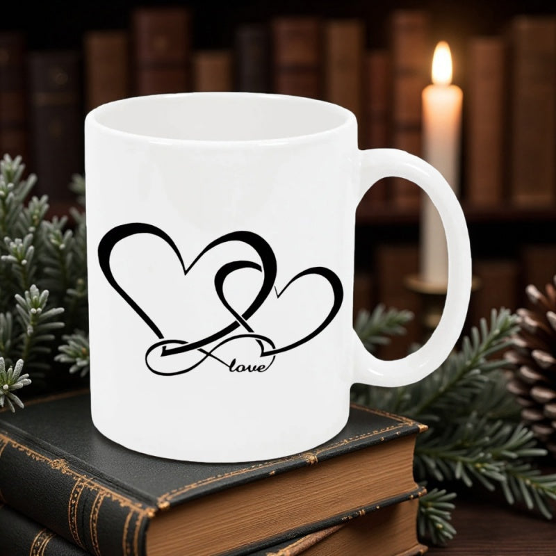 Tailorly White Ceramic 11 oz Mug - Love Elegant Intertwined Dual Hearts With Infinity Symbol And Scripted Heart