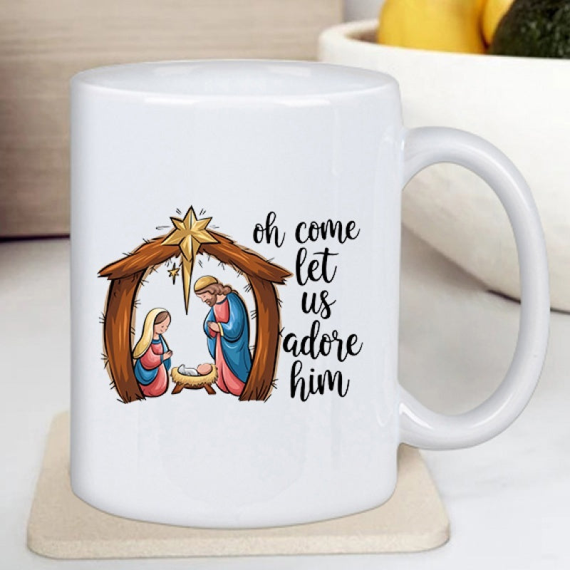 Tailorly White Ceramic 11 oz Mug - Oh Come Let Us Adore Him Classic Religious Holy Scene With Golden Star Shining Over Nativity