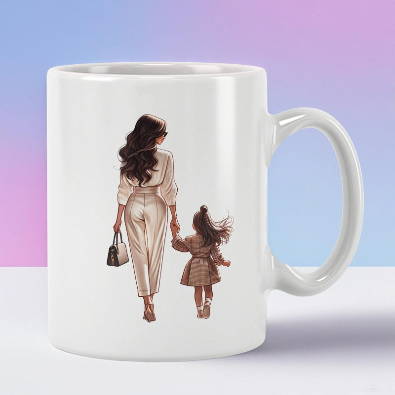Tailorly White Ceramic 11 oz Mug - Elegant Mother And Little Daughter Walking Hand In Hand Fashion Illustration