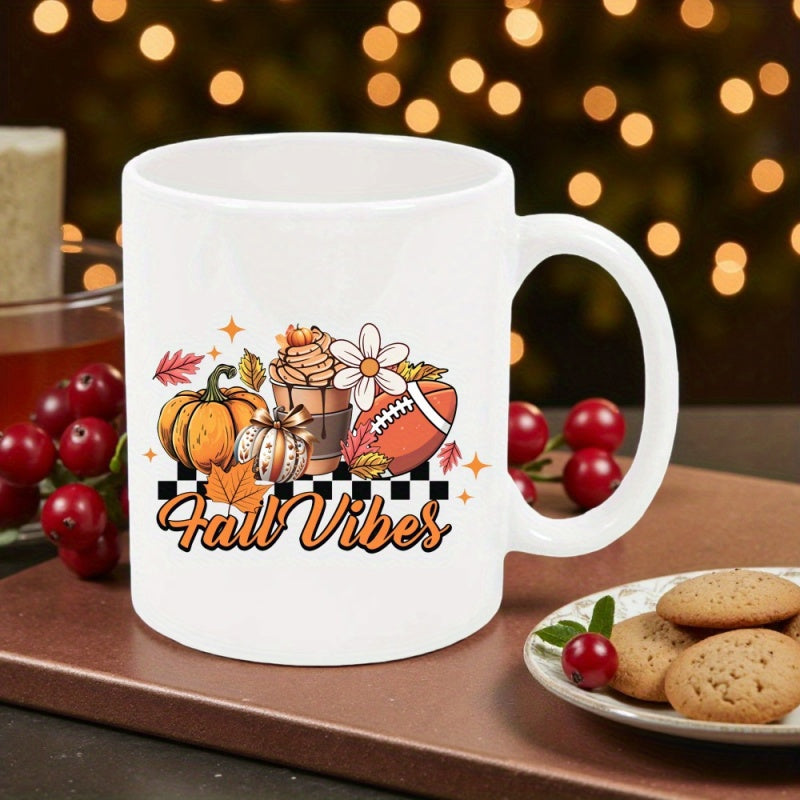 Tailorly White Ceramic 11 oz Mug - Fall Vibes Harvest Season Elements Featuring Football Coffee And Autumn Leaves Pumpkin