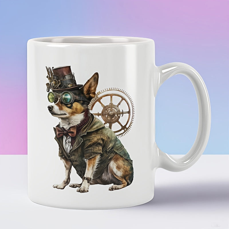 Tailorly White Ceramic 11 oz Mug - Steampunk Style Wearing Top Hat And Goggles With Mechanical Gear Background Chihuahua