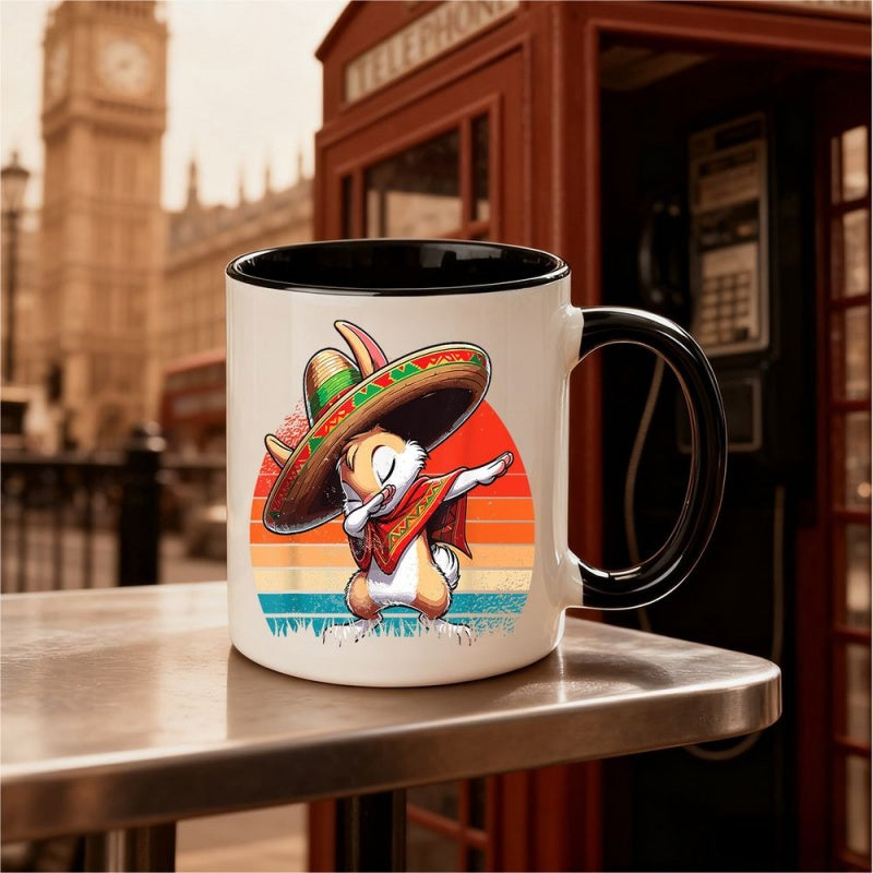 Tailorly Black Accent 11 oz Mug - colorful rabbit in sombrero and poncho