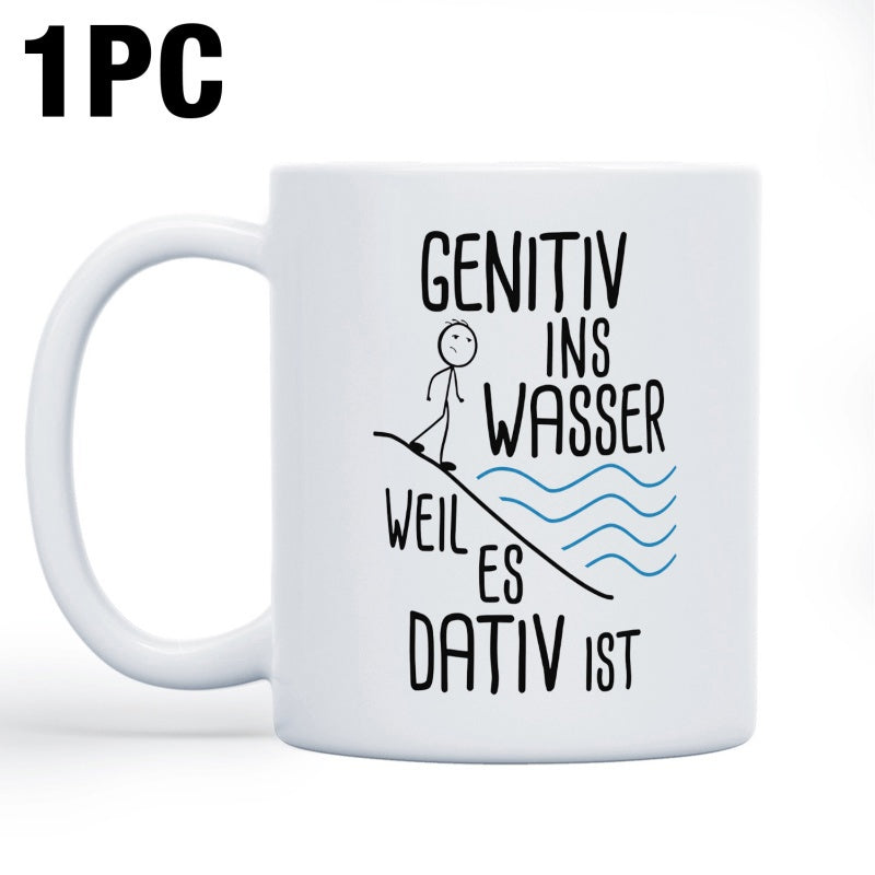 Tailorly White Ceramic 11 oz Mug - Minimalist Black Line Sketch Walking Toward Blue Rippling Waves Stick Figure