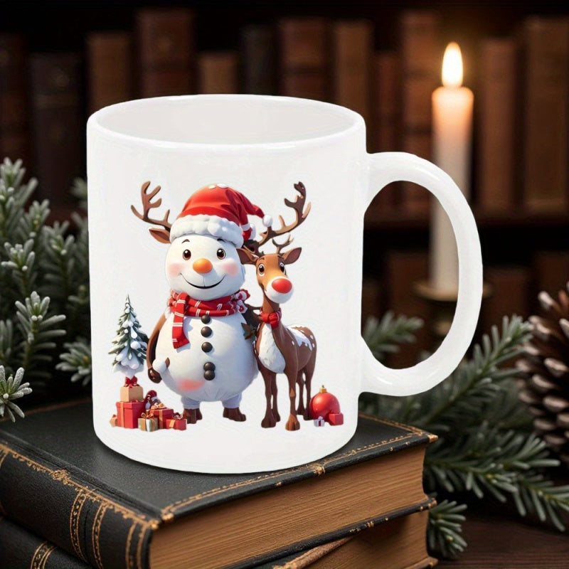 Tailorly White Ceramic 11 oz Mug - Cheerful Winter Characters With Festive Accessories Standing In Snowy Atmosphere Snowman