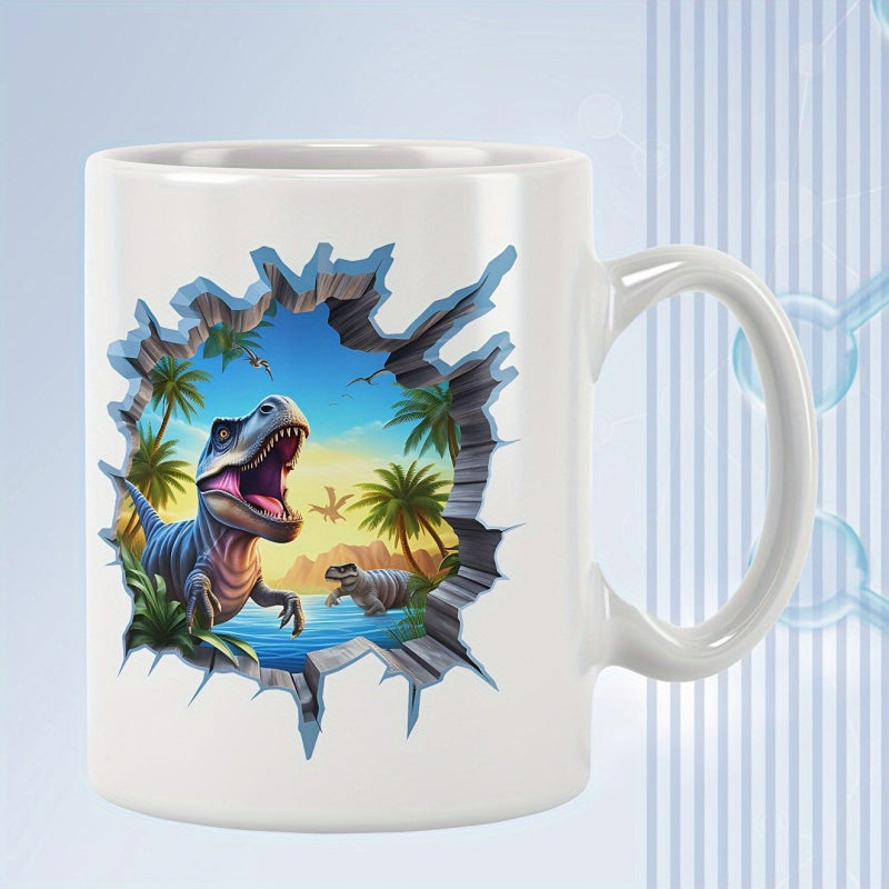Tailorly White Ceramic 11 oz Mug - Powerful Prehistoric T Rex Bursting Through A Cracked Stone Wall Dinosaur