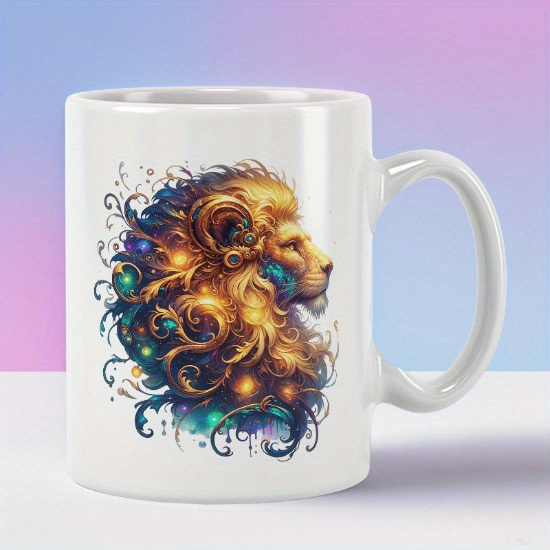 Tailorly White Ceramic 11 oz Mug - Majestic Fantasy Lion With Golden Mane And Swirling Cosmic Colorful Details Lion
