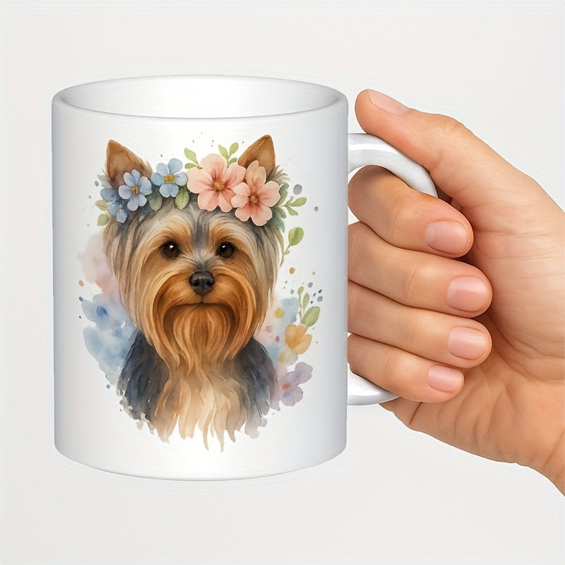 Tailorly White Ceramic 11 oz Mug - Adorable Portrait Wearing Floral Crown Among Soft Watercolor Pastel Flowers Dog