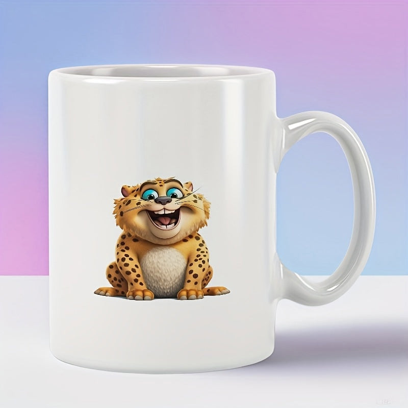 Tailorly White Ceramic 11 oz Mug - Chubby Cartoon Character With Blue Eyes And Friendly Smile Sitting Cheetah
