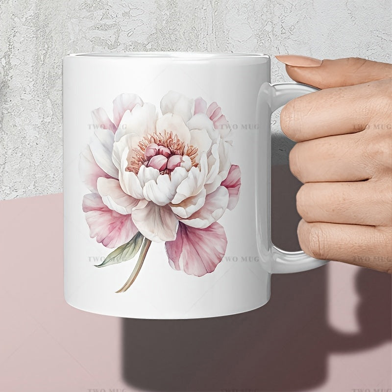 Tailorly White Ceramic 11 oz Mug - Delicate Soft Pink Watercolor Petals Blooming In Elegant Garden Peony