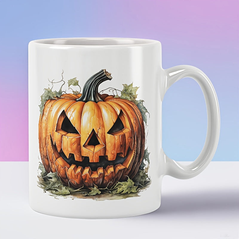 Tailorly White Ceramic 11 oz Mug - Spooky Carved Jack O Lantern Nestled Among Dried Autumn Vines Pumpkin