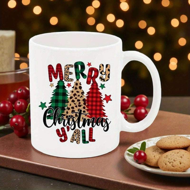 Tailorly White Ceramic 11 oz Mug - Merry Christmas Yall Three Festive Pines With Leopard Print And Colorful Buffalo Plaid Christmas Tree