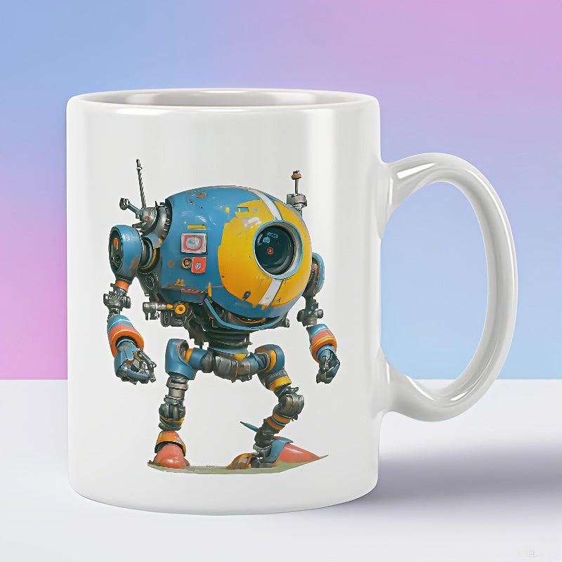 Tailorly White Ceramic 11 oz Mug - Spherical Blue And Yellow Mechanical Robot Standing On A Metallic Surface Robot