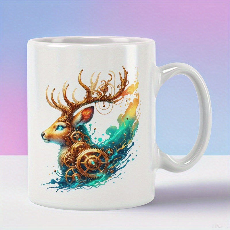 Tailorly White Ceramic 11 oz Mug - Steampunk Design With Golden Gears And Vibrant Teal Splashes Deer