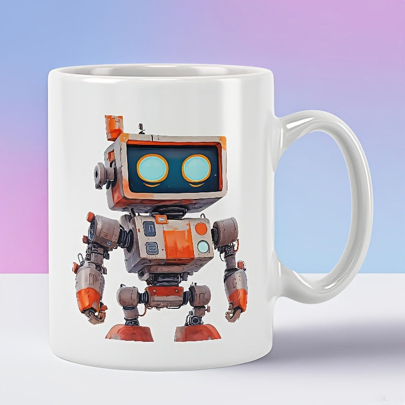 Tailorly White Ceramic 11 oz Mug - Weathered Orange And Grey Vintage Industrial Style Machine Robot