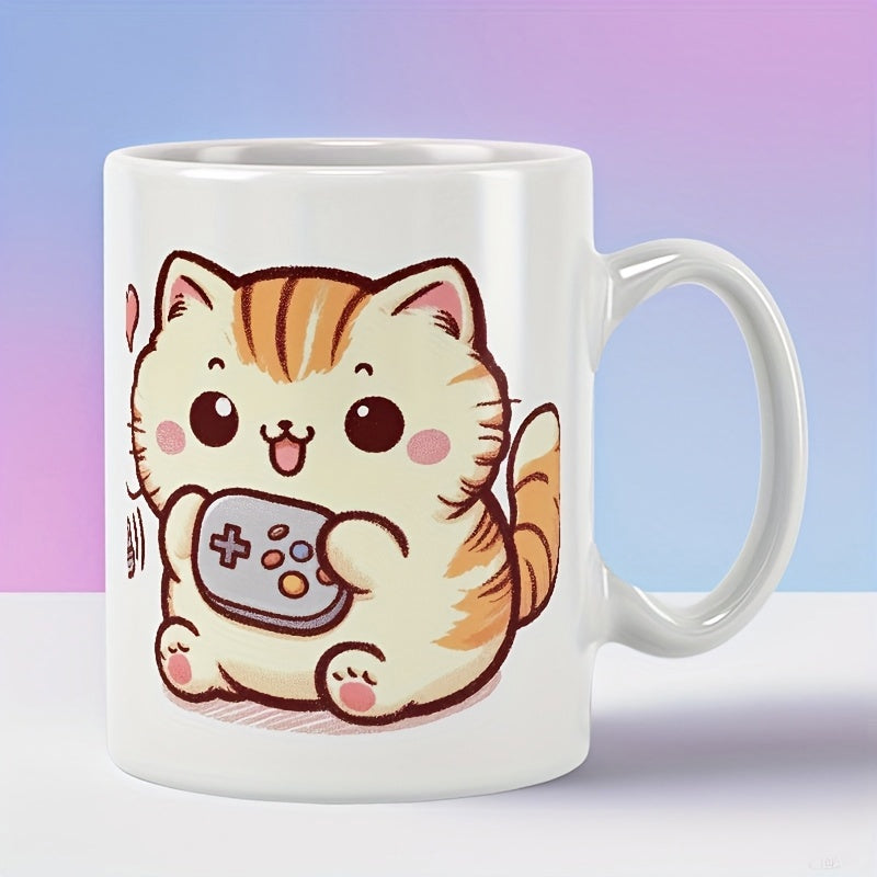 Tailorly White Ceramic 11 oz Mug - Adorable Ginger Striped Kitty Holding Handheld Video Game Controller Sitting Happily Cat