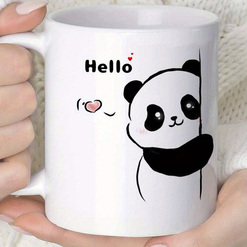 Tailorly White Ceramic 11 oz Mug - Hello Adorable Kawaii Panda Peeking From Behind A Minimalist Line Panda