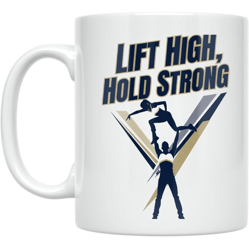 Tailorly White Ceramic 11 oz Mug - Lift High Hold Strong Performing A Stunt In Front Of Modern Sharp Geometric Graphic Cheerleaders