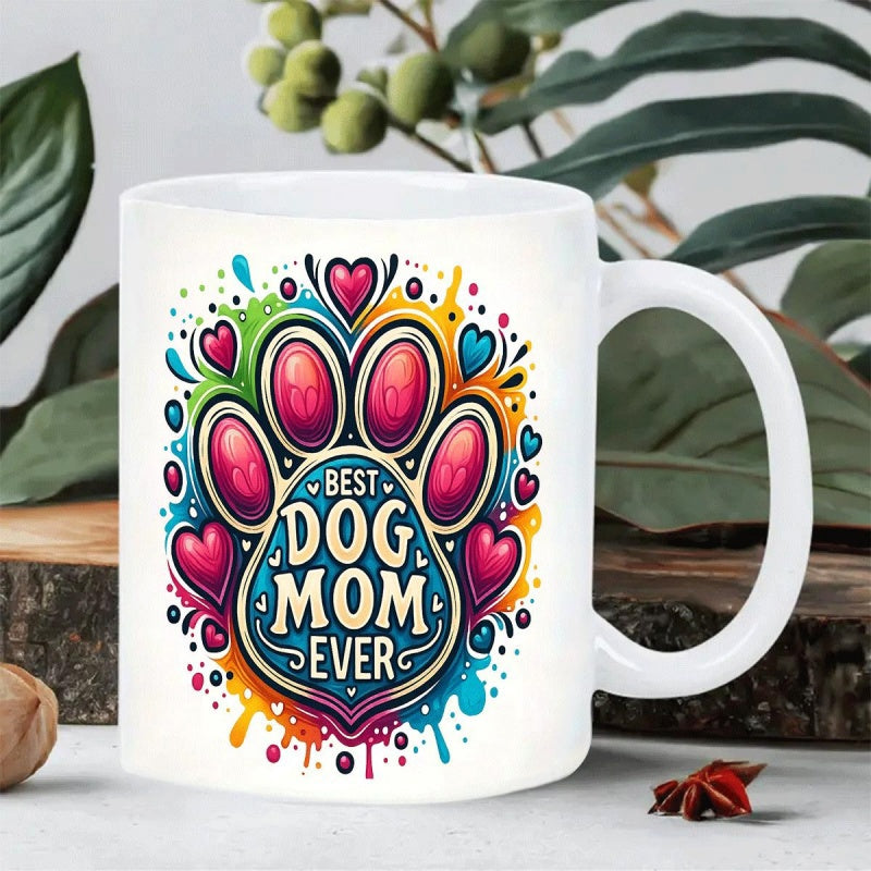 Tailorly White Ceramic 11 oz Mug - Best Dog Mom Ever Vibrant Watercolor Splashes Surrounding A Heart Filled Artistic Dog Paw