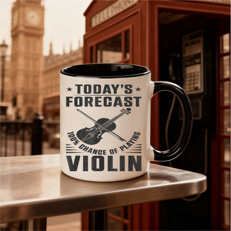 Tailorly Black Accent 11 oz Mug - vintage violin with "today's forecast 100% of playing violin" text