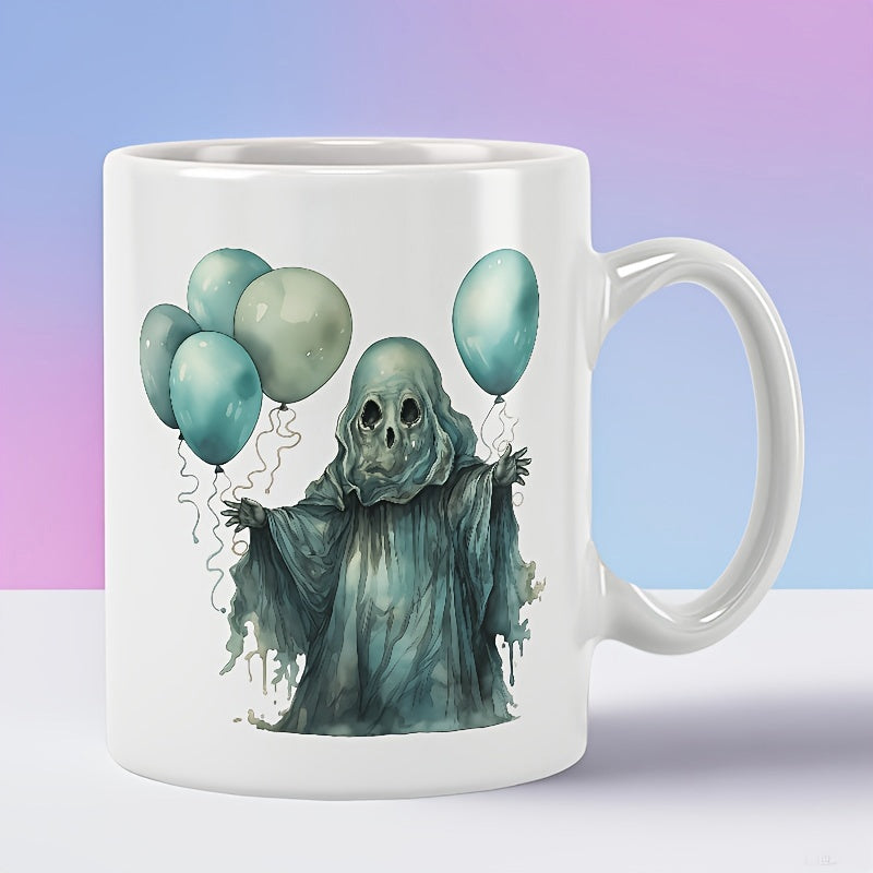 Tailorly White Ceramic 11 oz Mug - Spooky Robed Specter Floating With Pale Blue Halloween Party Balloons Ghost