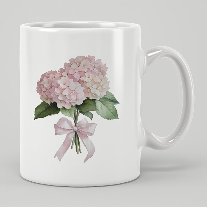 Tailorly White Ceramic 11 oz Mug - Watercolor Pink Hydrangea Bouquet With Soft Green Leaves And Silk Ribbon Hydrangea
