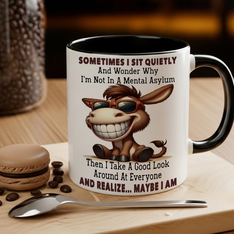 Tailorly Black Accent 11 oz Mug - funny donkey with glasses and quote "i sit im not in a mental"