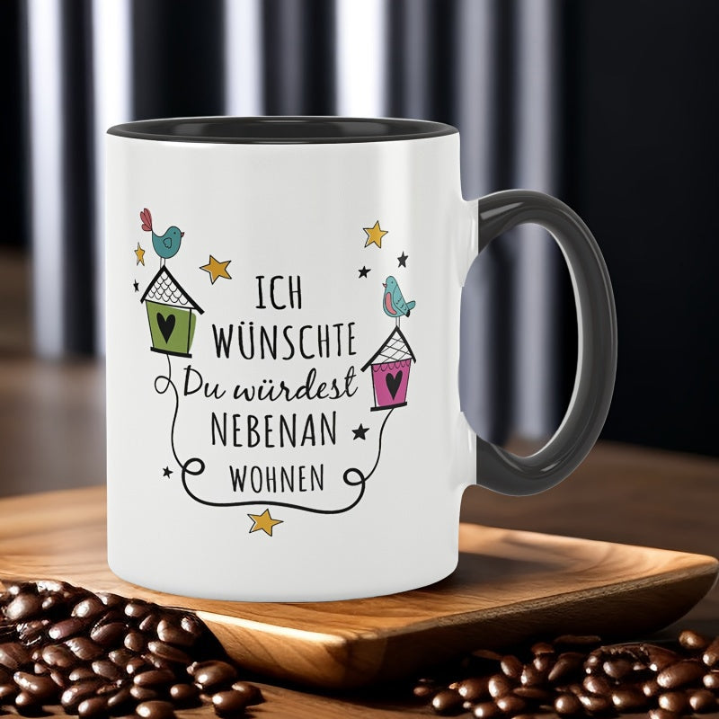 Tailorly Black Accent 11 oz Mug - saying "I you door love liebe partner"