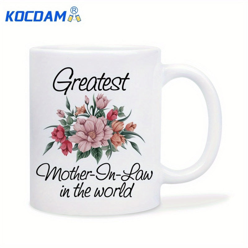Tailorly White Ceramic 11 oz Mug - Greatest Mother In Law In The World Elegant Pink Roses Blooming Among Green Leaves In A Beautiful Floral Bouquet