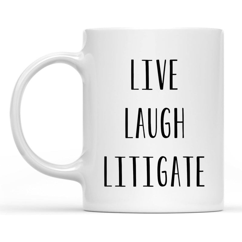 Tailorly White Ceramic 11 oz Mug - Live Laugh Litigate Minimalist White Ceramic Body Featuring Tall Black Vertical Text Mug
