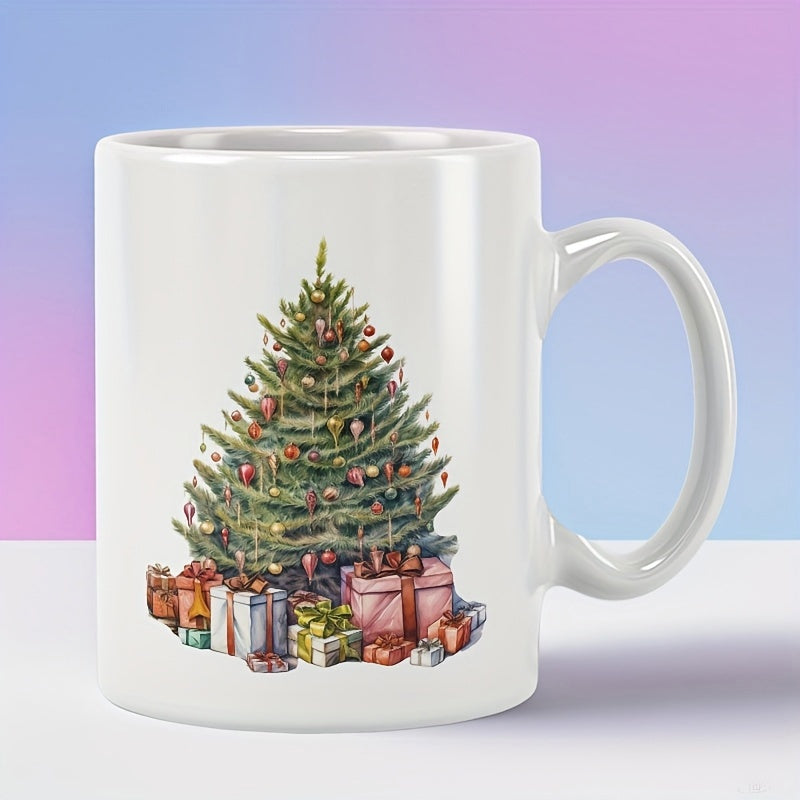 Tailorly White Ceramic 11 oz Mug - Festive Watercolor Holiday Design With Gifts Under A Decorated Green Christmas Tree