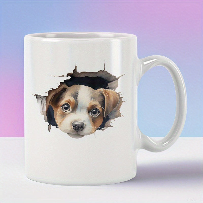 Tailorly White Ceramic 11 oz Mug - Adorable Puppy Peeking Through A Realistic Torn Hole Design Dog