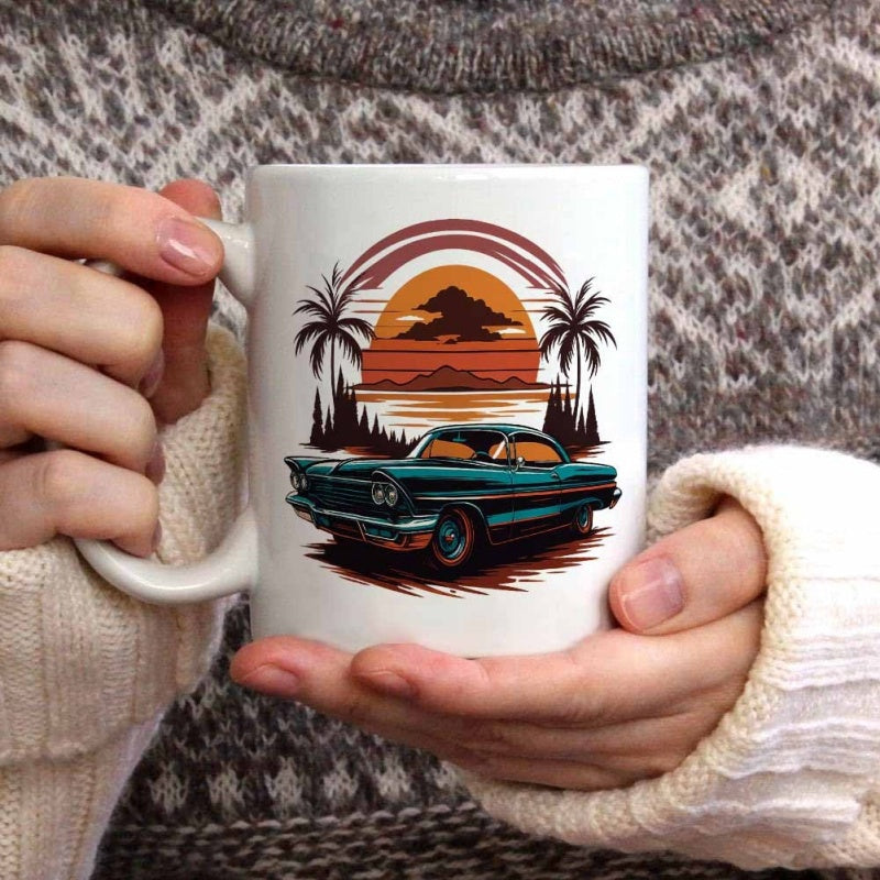Tailorly White Ceramic 11 oz Mug - Vintage Classic Vehicle Parked Under Tropical Sunset With Palm Trees Car