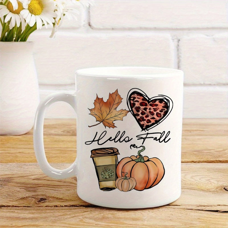 Tailorly White Ceramic 11 oz Mug - Hello Fall Vibrant Autumn Elements Featuring Maple Leaf Leopard Heart And Coffee Pumpkin