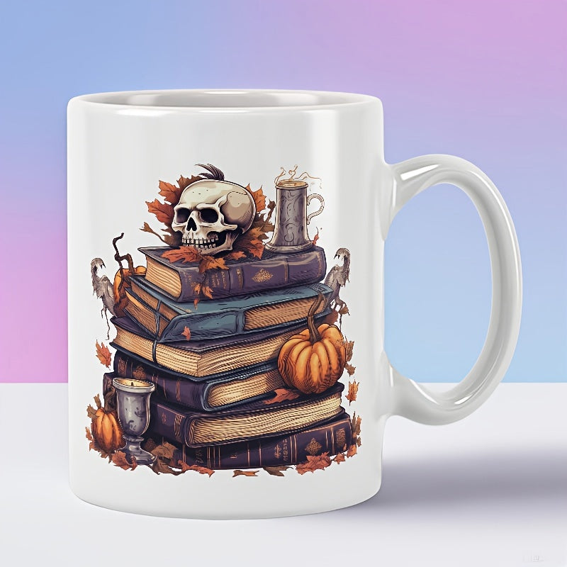 Tailorly White Ceramic 11 oz Mug - Vintage Halloween Skull On Top Of Old Stacked Autumn Books