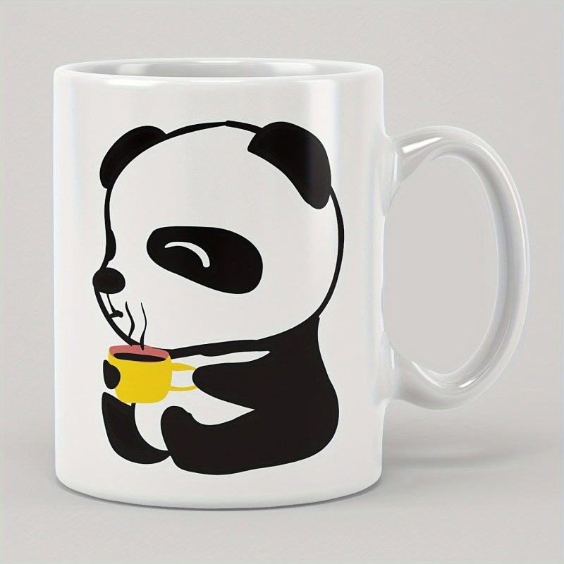 Tailorly White Ceramic 11 oz Mug - Adorable Minimalist Cartoon Sitting Under Soft Light Drinking Hot Coffee Panda