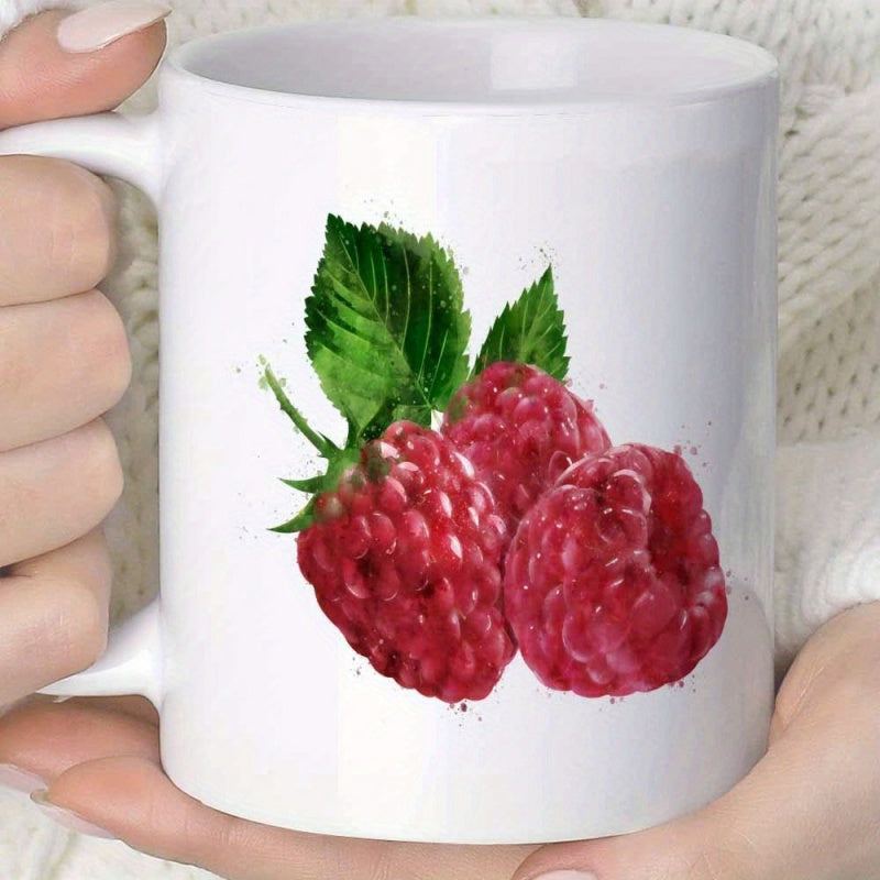 Tailorly White Ceramic 11 oz Mug - Realistic Watercolor Style Fresh Red Berries With Green Leaves Raspberry
