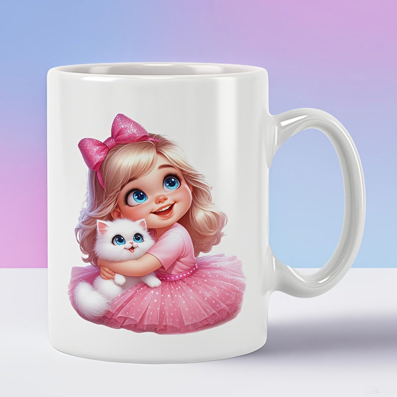 Tailorly White Ceramic 11 oz Mug - Adorable Little Blonde Girl Holding A Fluffy White Kitten Girl