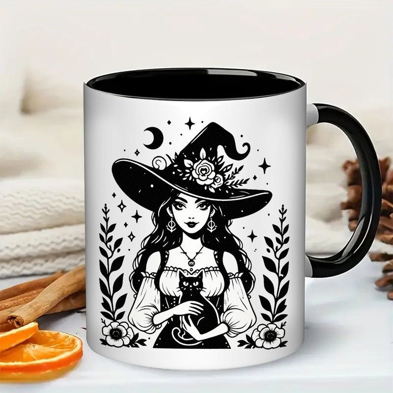 Tailorly Black Accent 11 oz Mug - witch， black cat， broomstick， cauldron， bats