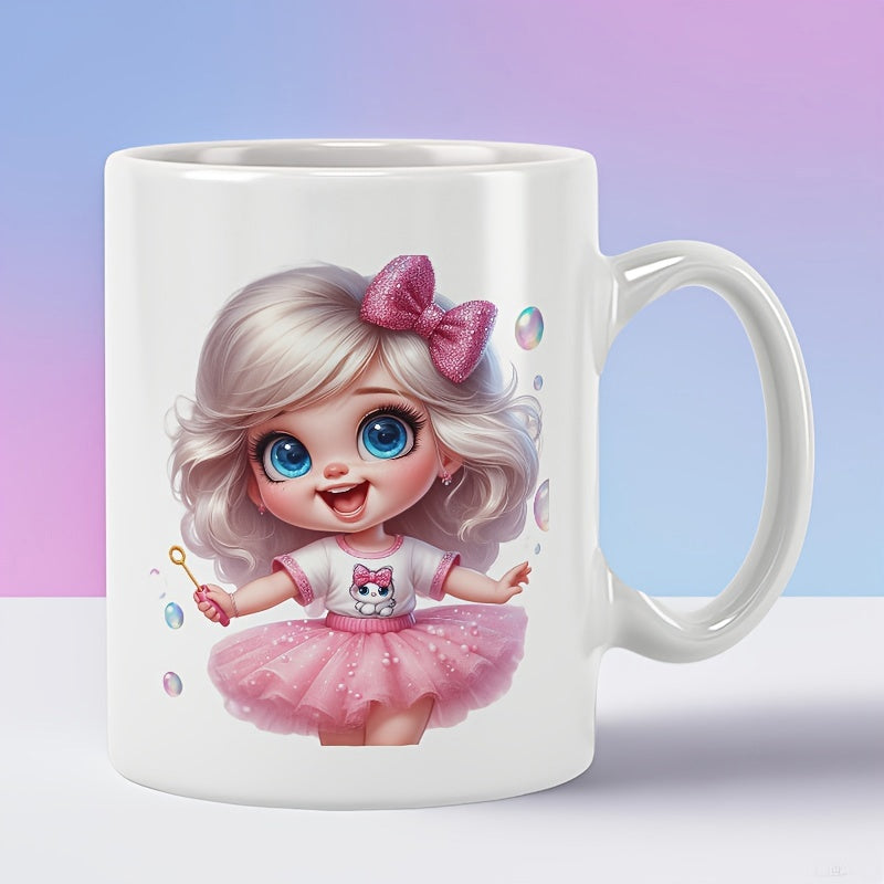 Tailorly White Ceramic 11 oz Mug - Cute Little 3D Character Wearing Pink Tutu And Bow With Bubbles Girl