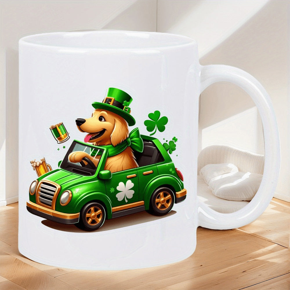 Tailorly White Ceramic 11 oz Mug - Joyful St Patricks Day Illustration With Golden Retriever Driving Green Clover Car