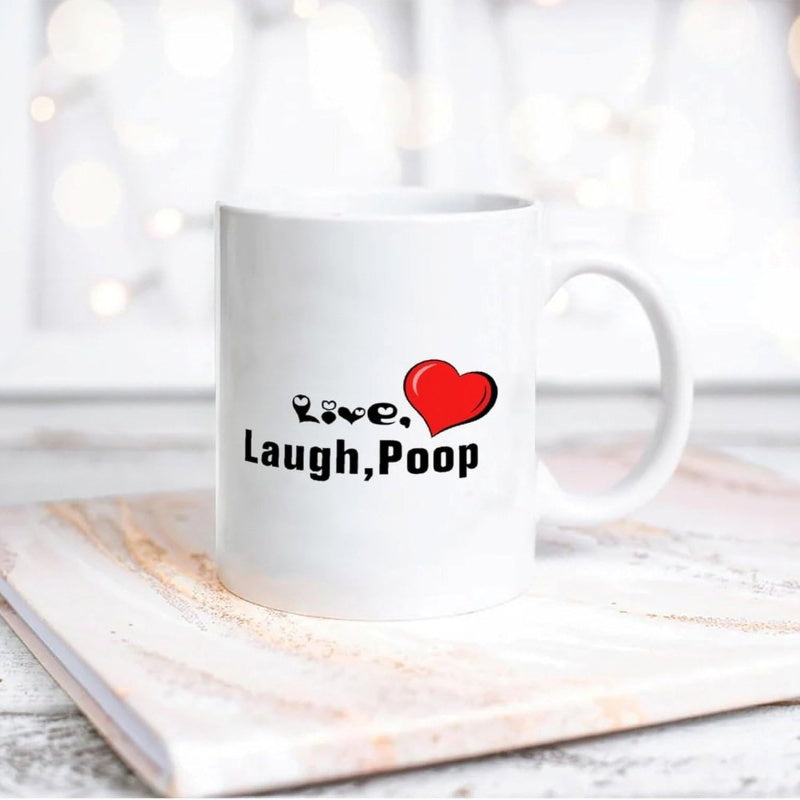 Tailorly White Ceramic 11 oz Mug - Live Laugh Poop Simple Bold Red Vibrant Symbol Placed On Smooth Ceramic Surface Heart
