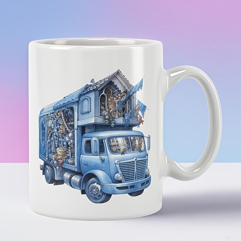 Tailorly White Ceramic 11 oz Mug - Detailed Vintage Blue Vehicle Carrying A Miniature House With Intricate Ornaments Truck