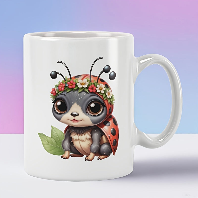 Tailorly White Ceramic 11 oz Mug - Charming Little Insect Wearing Floral Wreath Beside Fresh Green Leaves Ladybug