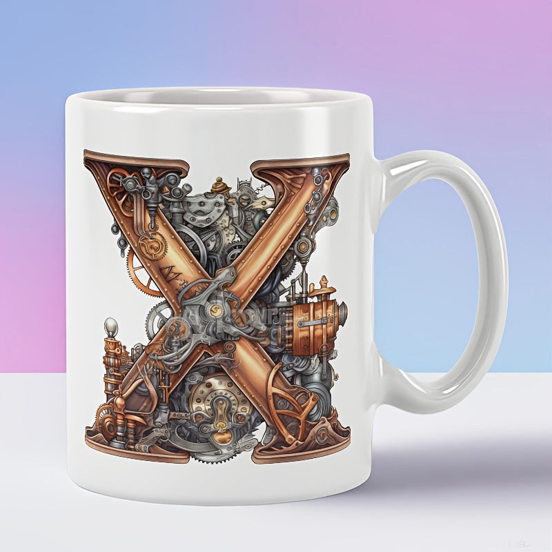 Tailorly White Ceramic 11 oz Mug - Intricate Steampunk Gears And Mechanical Clockwork Bronze Metallic Finished Letter