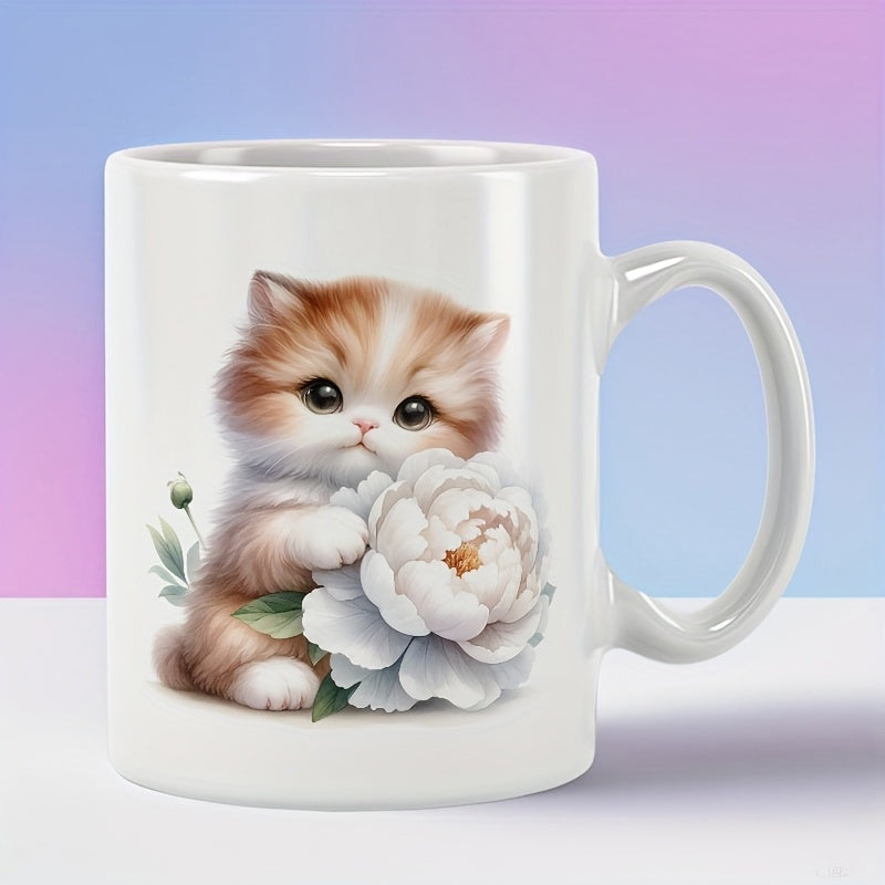Tailorly White Ceramic 11 oz Mug - Adorable Fluffy Ginger Sitting Beside A Large White Peony Kitten
