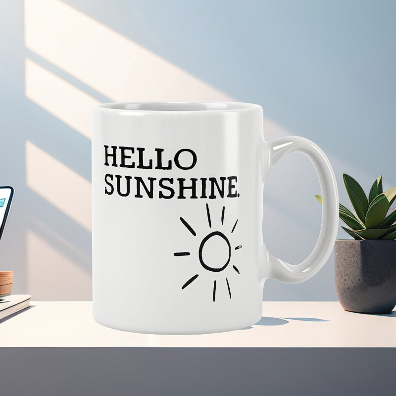 Tailorly White Ceramic 11 oz Mug - Hello Sunshine Minimalist Black Ink Sunburst Lines On A Bright