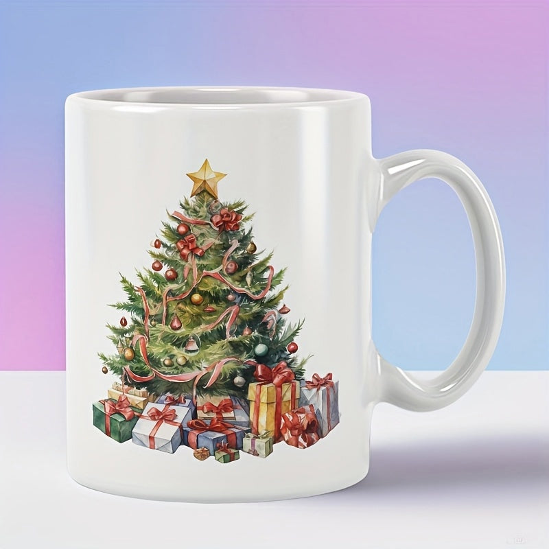 Tailorly White Ceramic 11 oz Mug - Watercolor Festive Evergreens Decorated With Red Ribbons And Gift Boxes Christmas Tree