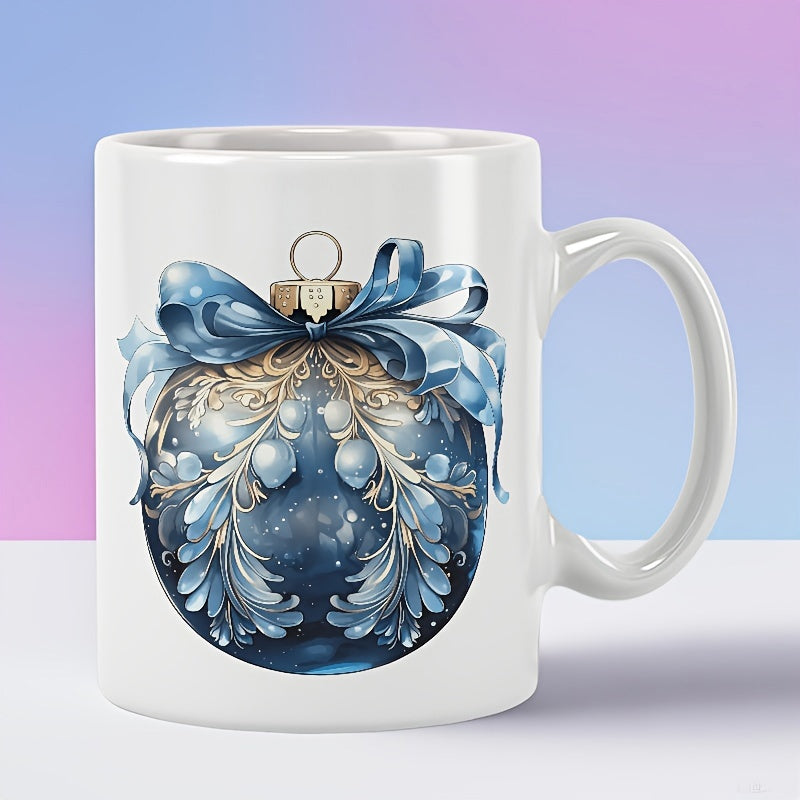 Tailorly White Ceramic 11 oz Mug - Elegant Blue Holiday Bauble Featuring Intricate Gold Filigree And Satin Ornament