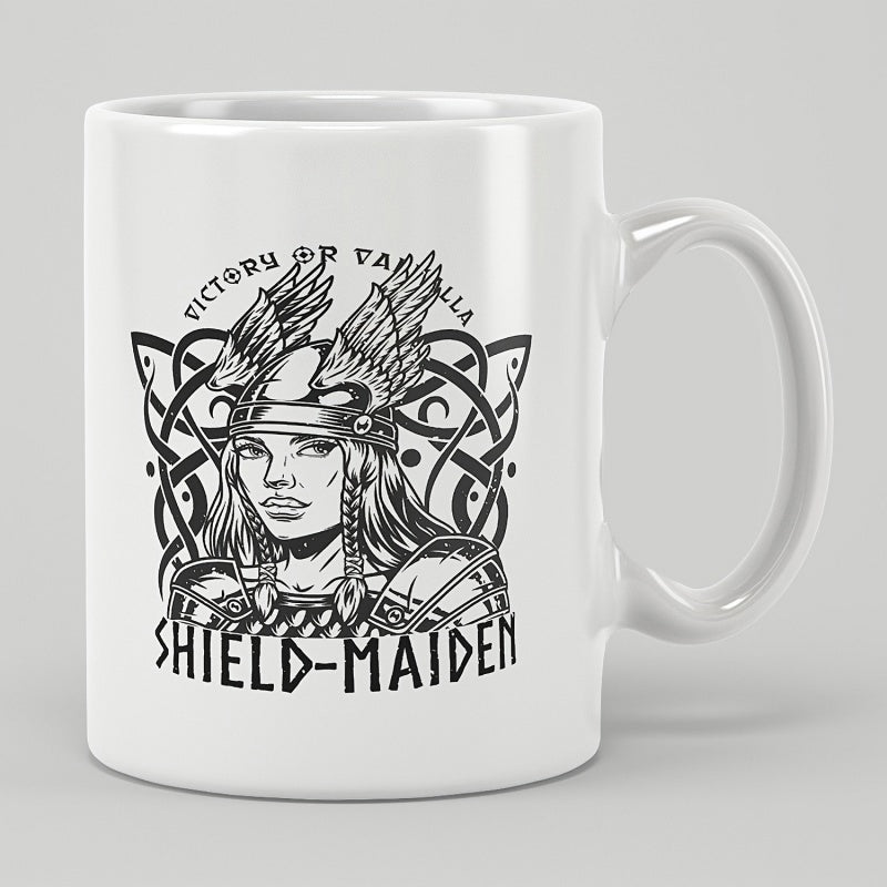 Tailorly White Ceramic 11 oz Mug - Victory Or Valhalla Shield Maiden Illustrative Nordic Warrior Wearing Winged Helmet Among Intricate Decorative Traditional