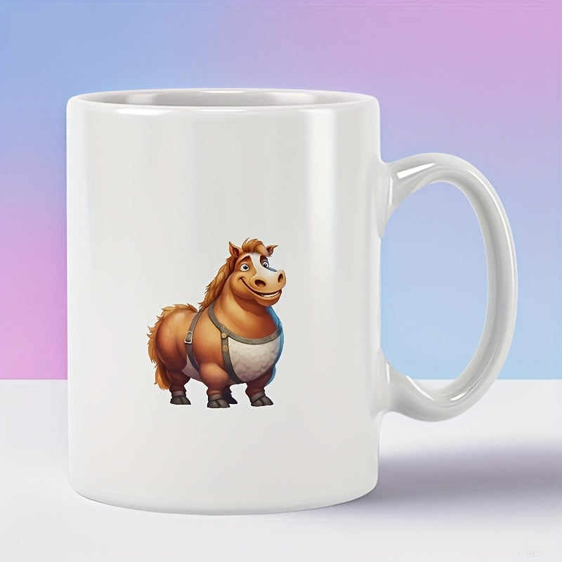 Tailorly White Ceramic 11 oz Mug - Adorable Plump Brown Pony Standing Cheerfully With Friendly Smiling Expression Horse